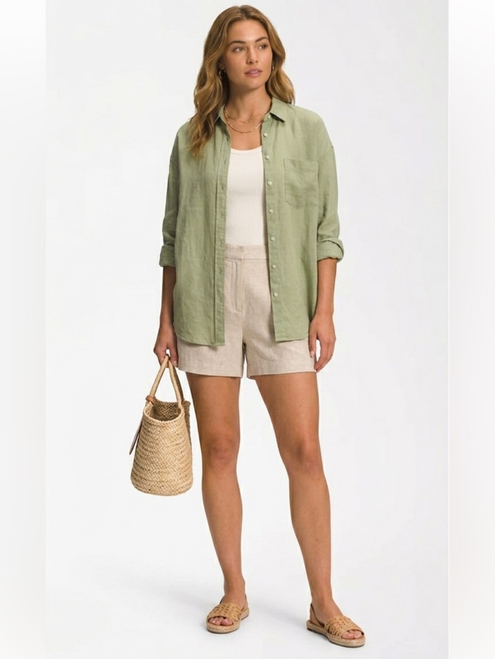 Zara Linen Green Button Down Long Sleeve Top Size Medium